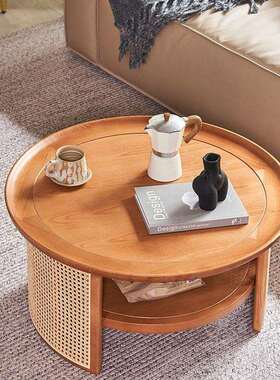 实木日式藤编茶几矮桌圆形客厅北欧风家用简约小户型小圆桌茶桌子