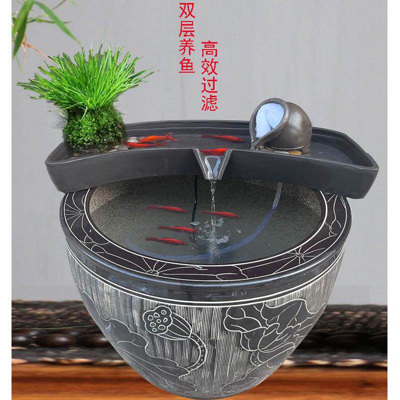 陶瓷圆形鱼缸过滤器循环系统流水器搭配茶台养鱼盆庭院鱼池造景配