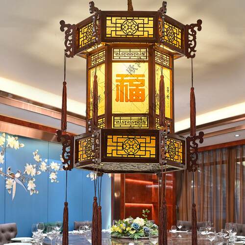 彷古中式宫灯实木六角宫廷吊灯寺庙祠堂古典建筑长廊凉亭羊皮灯笼