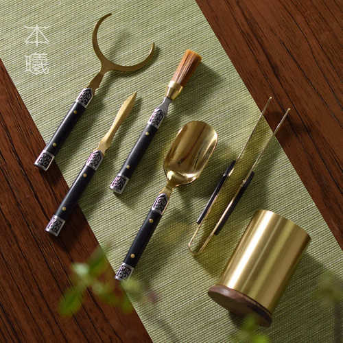 黄铜檀木茶道六君子套装功夫茶具配件茶艺茶夹茶勺茶筒养壶笔茶刀