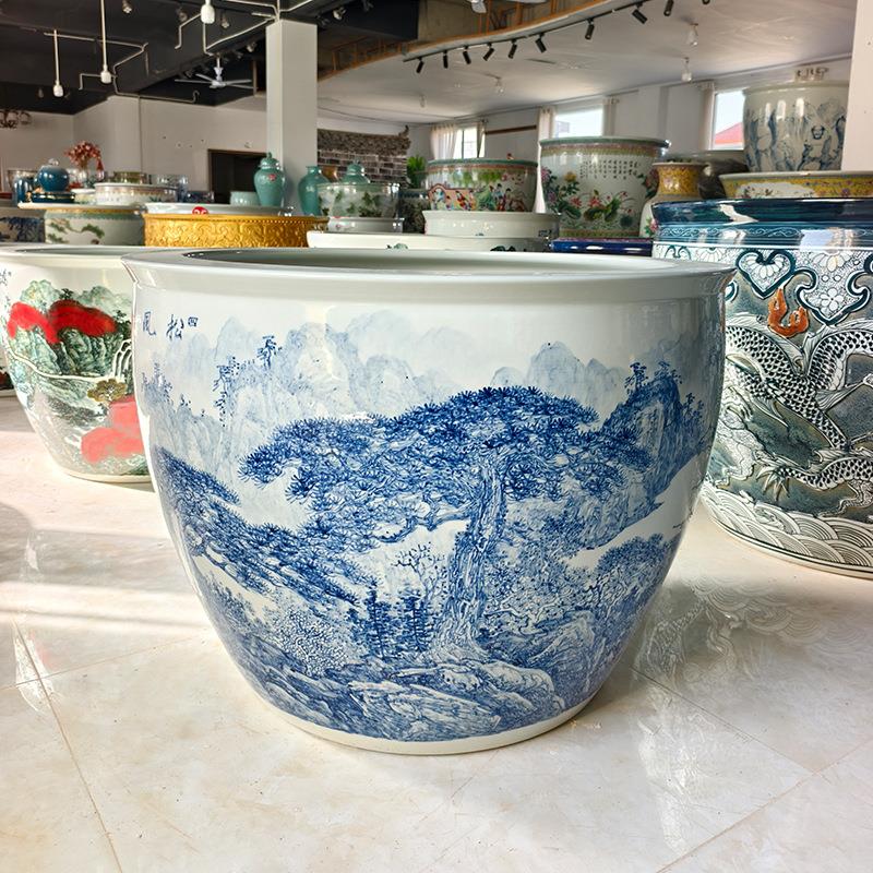 景德镇陶瓷缸工艺品摆件荷花缸陶瓷中式松风清泉山水图缸手工