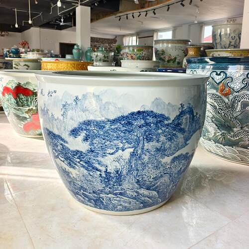 景德镇陶瓷缸工艺品摆件荷花缸陶瓷中式松风清泉山水图缸手工