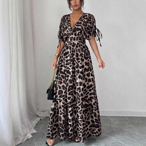 All Over Leopard Print Deep V Neck Dress