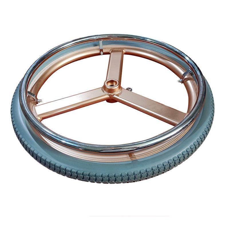 电动轮椅22寸后轮 高承重带手推圈土豪金三叉轮 免充气PU实心轮