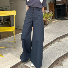 韩国chic夏季复古气质高腰显瘦四粒扣口袋设计阔腿休闲裤长裤女