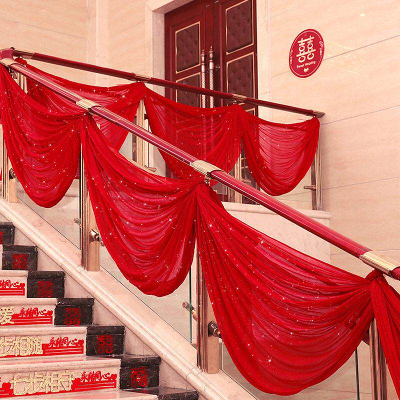 婚庆用品婚房布置纱幔道具背景云顶悬吊式天花板纱亮片楼梯扶手装
