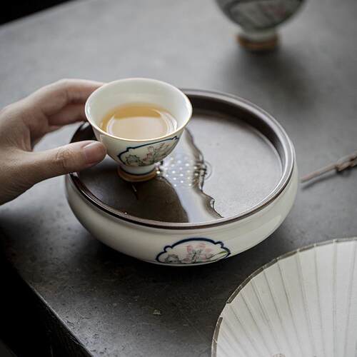 宜室茶话 手绘幽兰锡盖壶承仿古开窗高足蓄水茶盘圆形手工干泡台