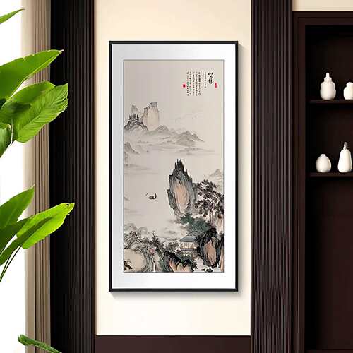 迎客松玄关装饰画新中式入户走廊过道挂画竖版茶室壁画山水画国画