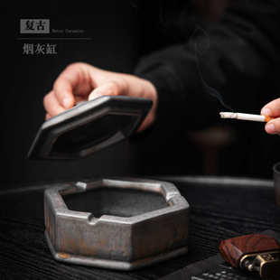 复古陶瓷烟灰缸带盖防飞灰酒店餐厅酒吧创意防风烟缸雕刻LOGO