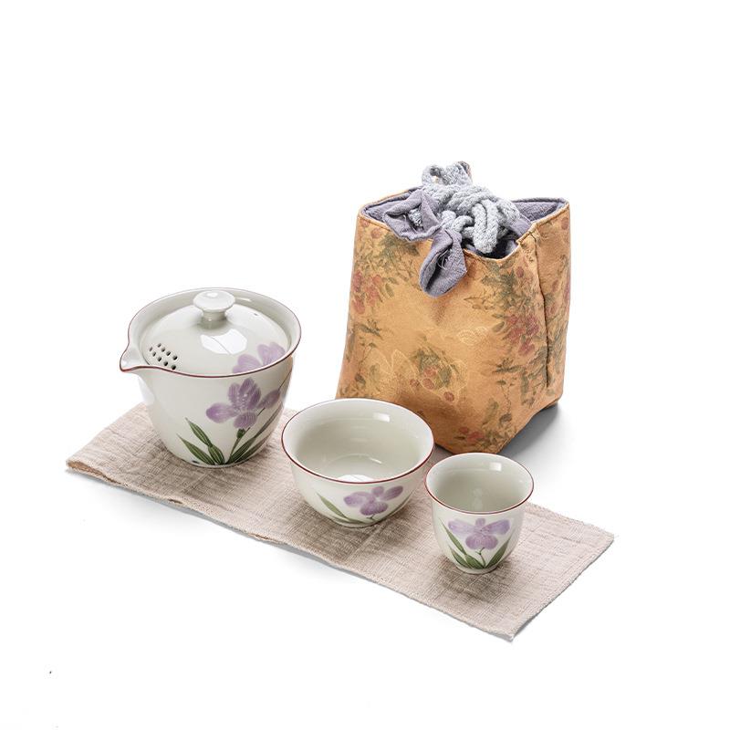 仿古陶瓷手绘鸢尾花功夫旅行茶具套装便携式户外小套茶具