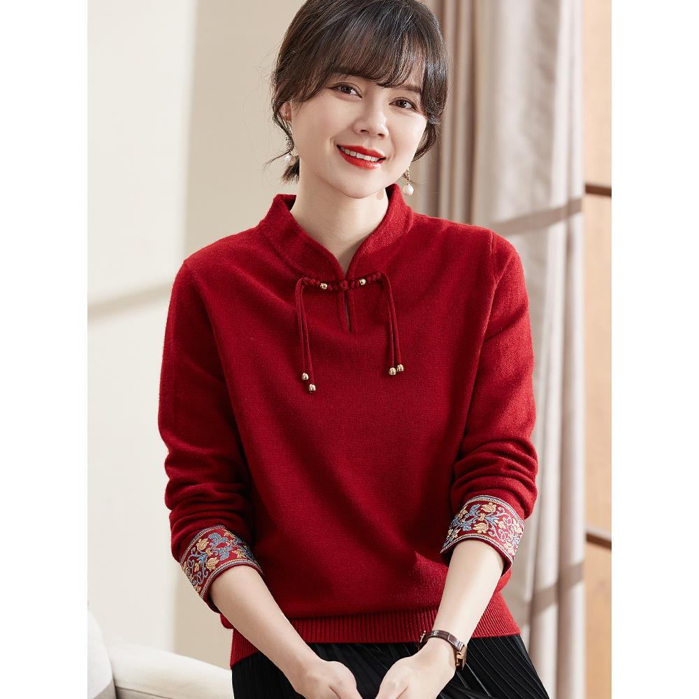 喜卉妈妈秋装喜婆婆红色针织打底衫2025新款中老年女春秋洋气毛衣