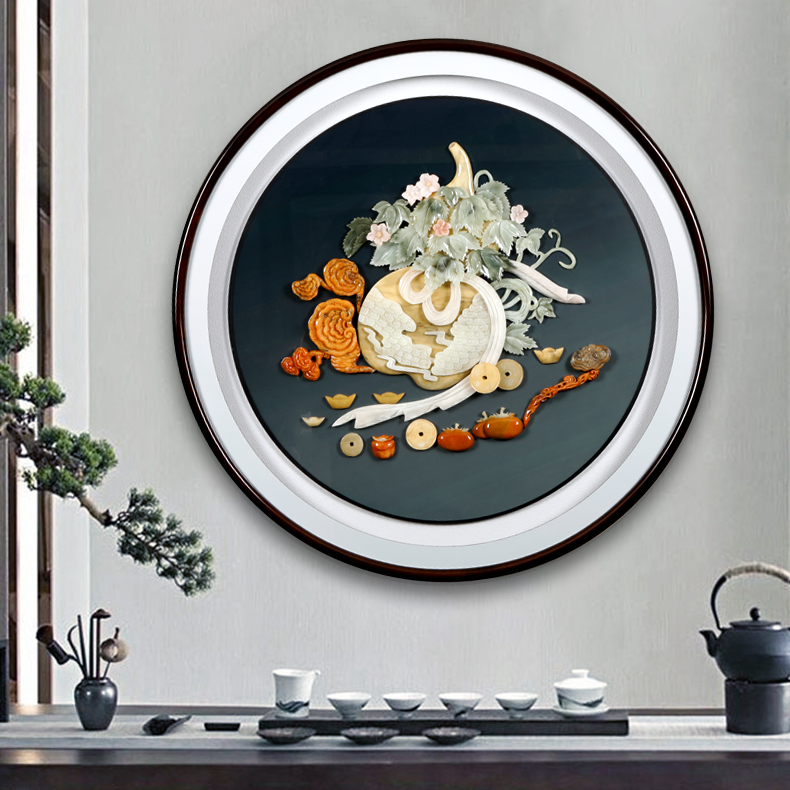 入户玄关客厅装饰画玉雕圆形餐厅墙壁挂画进门led灯光大气背景墙
