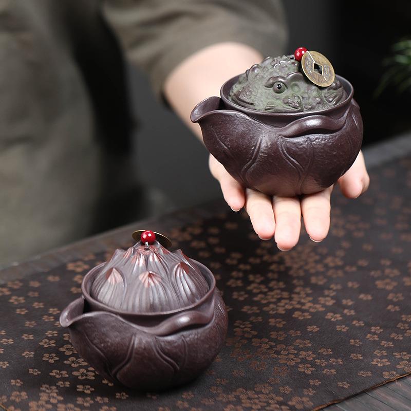 宜兴紫砂壶手工紫泥金蟾手抓壶莲花分茶器公道杯过滤茶具配件160m