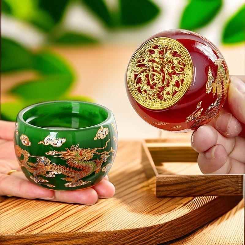 琉璃夜光杯茶杯主人杯高档个人专用帝王绿龙凤呈祥琉璃茶具品茗杯