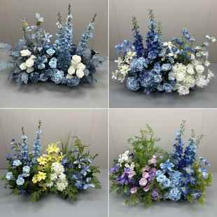婚庆地排花篮色雾蓝彷真花成品订婚宴装饰婚礼现场布置舞台引路花
