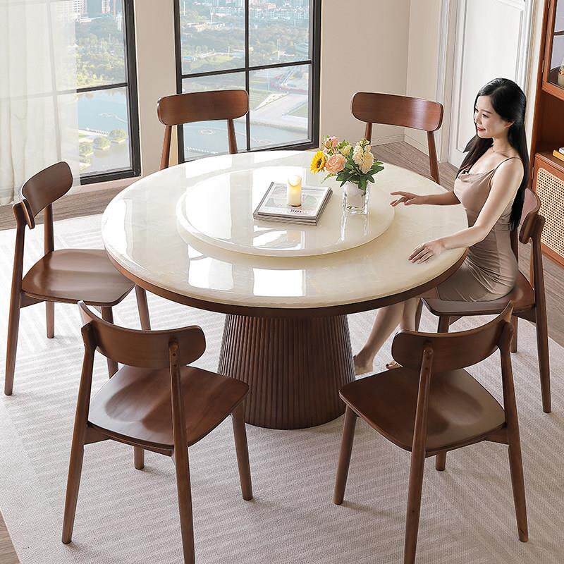 新中式风天然卡里冰玉大理石餐桌椅带转盘2025新款实木家用大圆桌