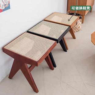 设计师家用民宿换鞋 北欧实木卧室床尾凳藤编长凳中古长条凳日式 凳