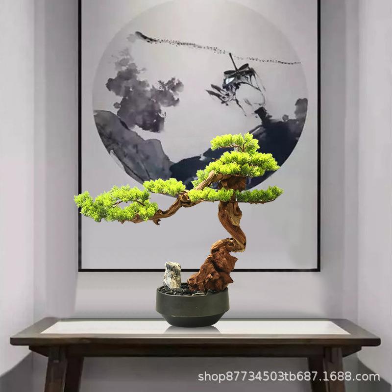 新中式禅意盆景摆件仿真迎客松盆栽售楼处样板间客厅玄关装饰摆设