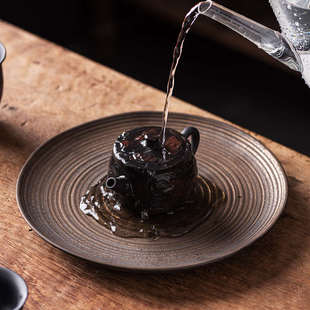 干泡盘小型茶盘粗陶养壶圆形紫砂壶托茶具干泡台托盘大号壶承 日式