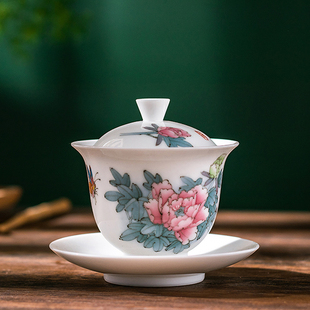 收藏级陶瓷盖碗国大师朱占平手绘主人杯富贵茶杯高端轻奢茶具送礼