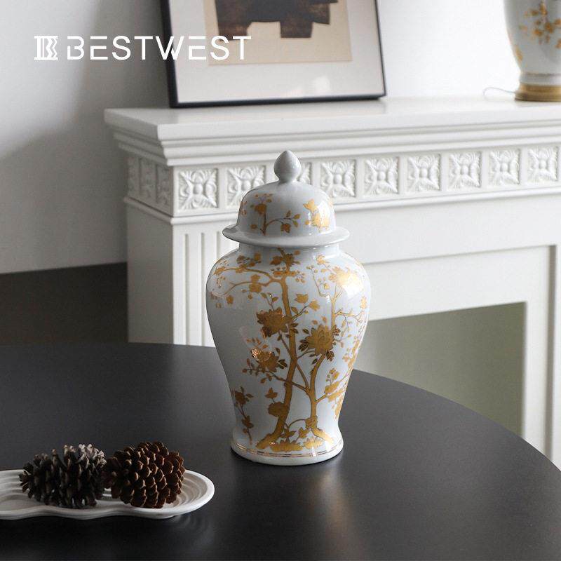 Best west 中式描金色海棠陶瓷花台灯家居轻奢储藏装饰品套装