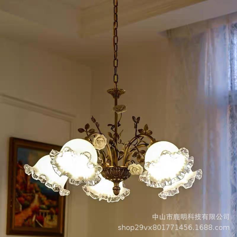 法式全铜花苞vintage吊灯中古风客厅餐厅古典卧室浪漫玫瑰铜花灯