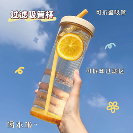 韩版ins风简约塑料杯水杯带吸管700ML柠檬过滤杯网红杯子吸管杯