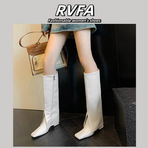RVFA原创设计方头粗跟白色裤管靴长筒靴女2025秋冬新款高跟瘦瘦靴