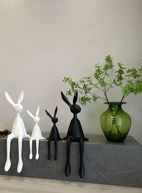 摆简YSY约现代黑朵白长耳兔子件呆萌兔坐姿雕塑客厅电饰视柜家居
