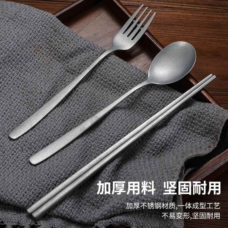 复古风韩式不锈钢筷子勺子烤肉店叉子西餐三件套装餐具做旧雪花灰