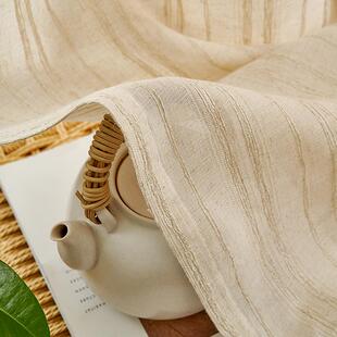 日式 透光不透人亚麻沙窗纱复古日系名宿条纹棉麻窗帘纱帘客厅茶室