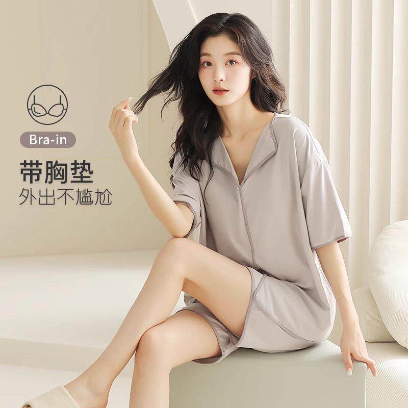 睡衣女款2025新款夏季带胸垫棉绸短袖女士夏款独特家居服套装夏天