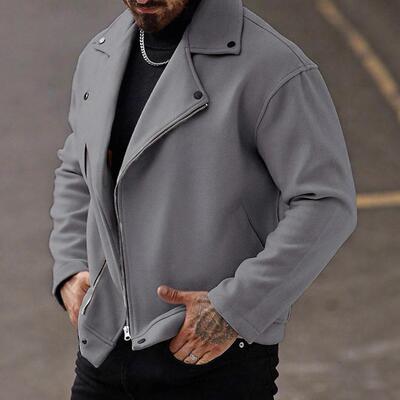 Men's Solid Color Fitted Motorcycle Jacket Menswear Zipper