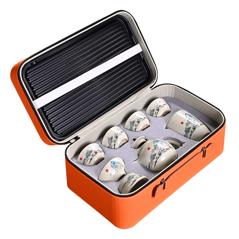 黄汝窑千里江山旅行茶具套装便携式快客杯户外泡茶器商务伴手礼品