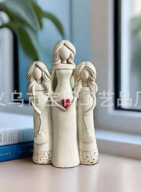 创意亲子雕像摆件 治愈系家庭人物天使妈妈和女儿画面树脂雕像
