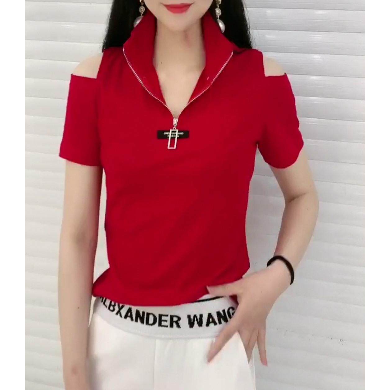 潮牌2025年夏季新款短袖拉炼T恤女修身显瘦百搭露肩T恤上衣小衫