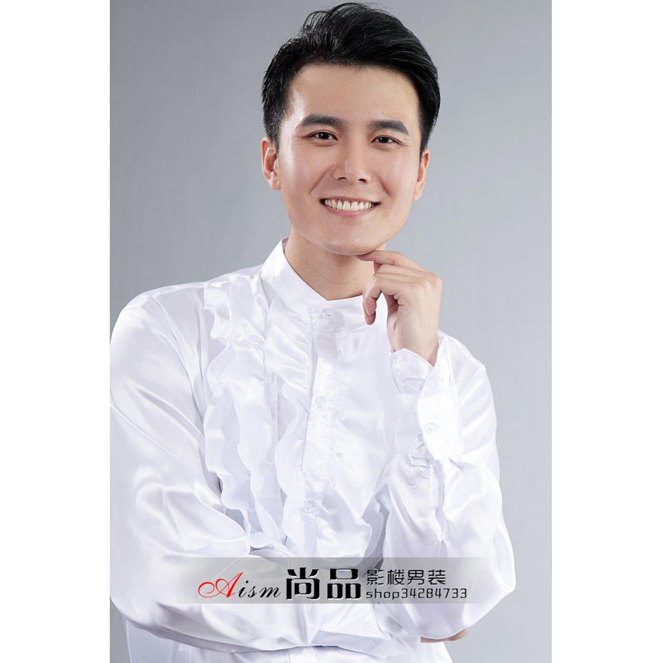 高档影楼拍照立领宫廷花衬衫大合唱男装边礼紫舞台演服出服黄白色