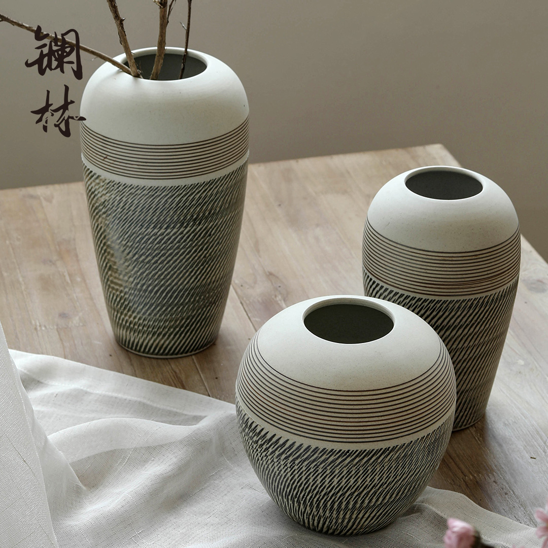 现代简约桌面陶瓷花瓶客厅复古文艺小清新粗陶摆件插干花花花器