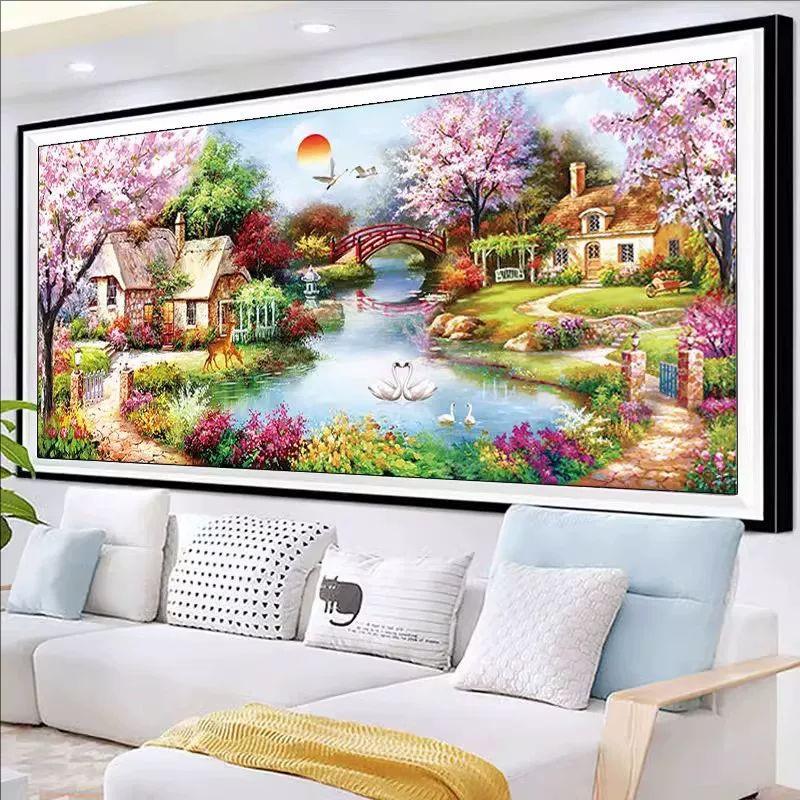 纯手工十字绣成品梦幻家园花园小屋田园风景画客厅欧式绣好的带框