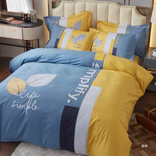 床上四件套纯棉100简约秋奢床单被床套被冬罩F9655J笠宿轻舍三件