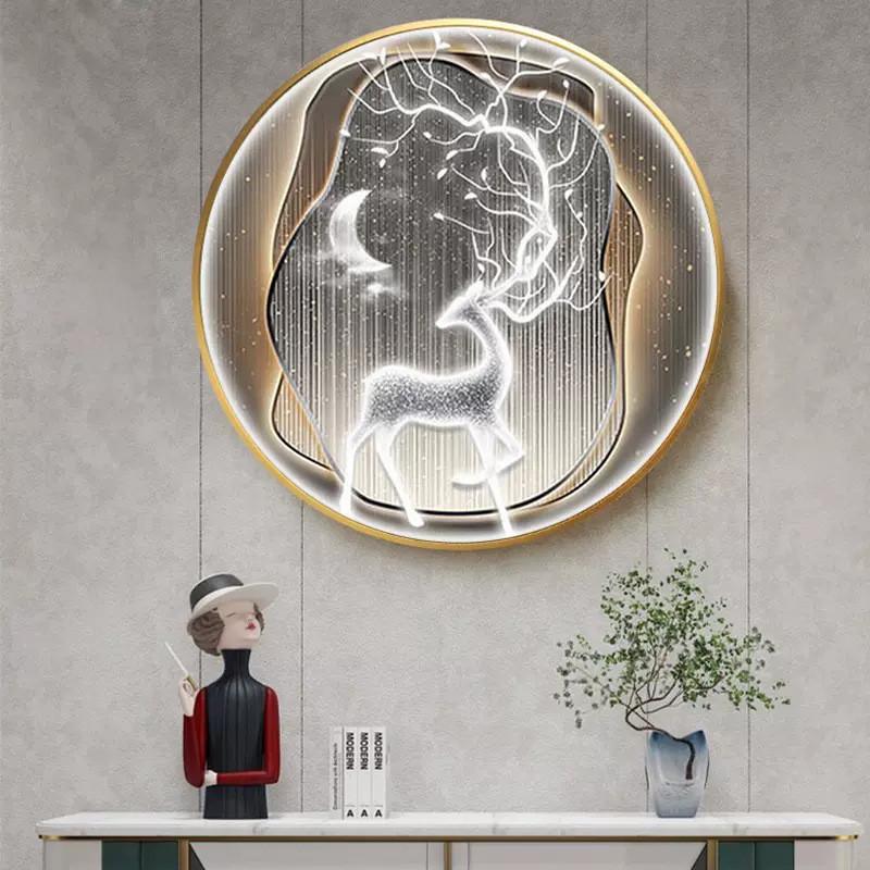 轻奢圆形玄关装饰画鹿带led灯画客厅走廊过道挂画餐厅背景墙壁画图片