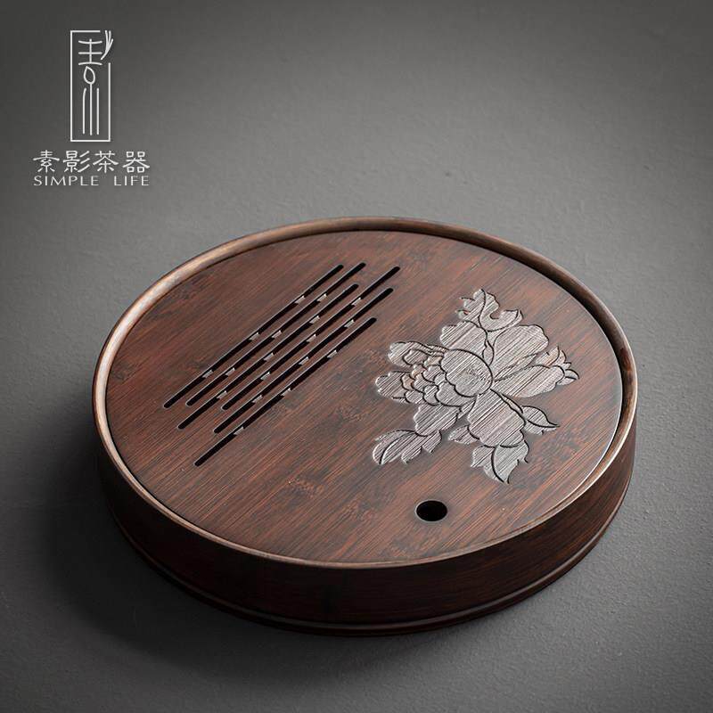 素影碳化竹制家用茶盘储水圆形嵌入式简约干泡台茶台实木茶海茶具