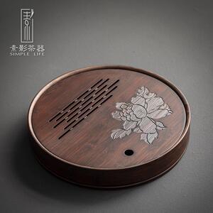 素影碳化竹制家用茶盘储水圆形嵌入式简约干泡台茶台实木茶海茶具