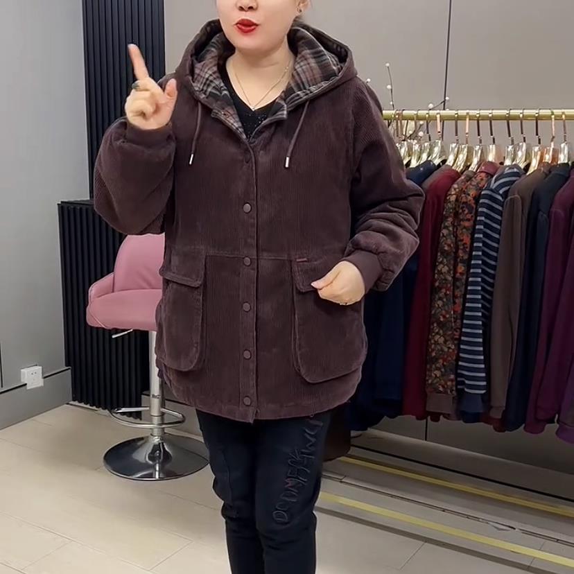 好货防寒保暖格子拼接连帽条绒棉服新款妈妈外套女休闲简约中老年