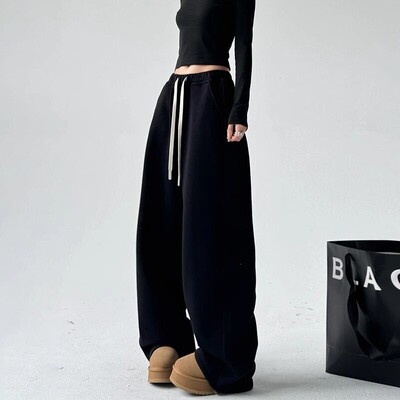 Ader黑色卫裤女冬款2025新款加绒加厚直筒垂感拖地休闲宽松直筒女