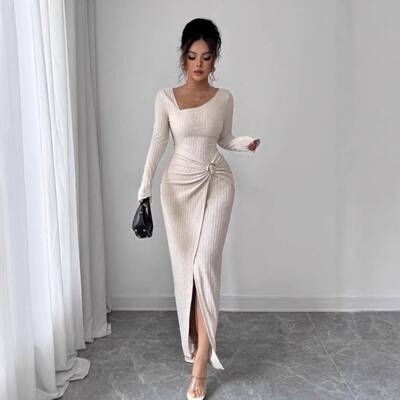 Women's Asymmetric Neck Knitted Texture Tight Dress Fashion