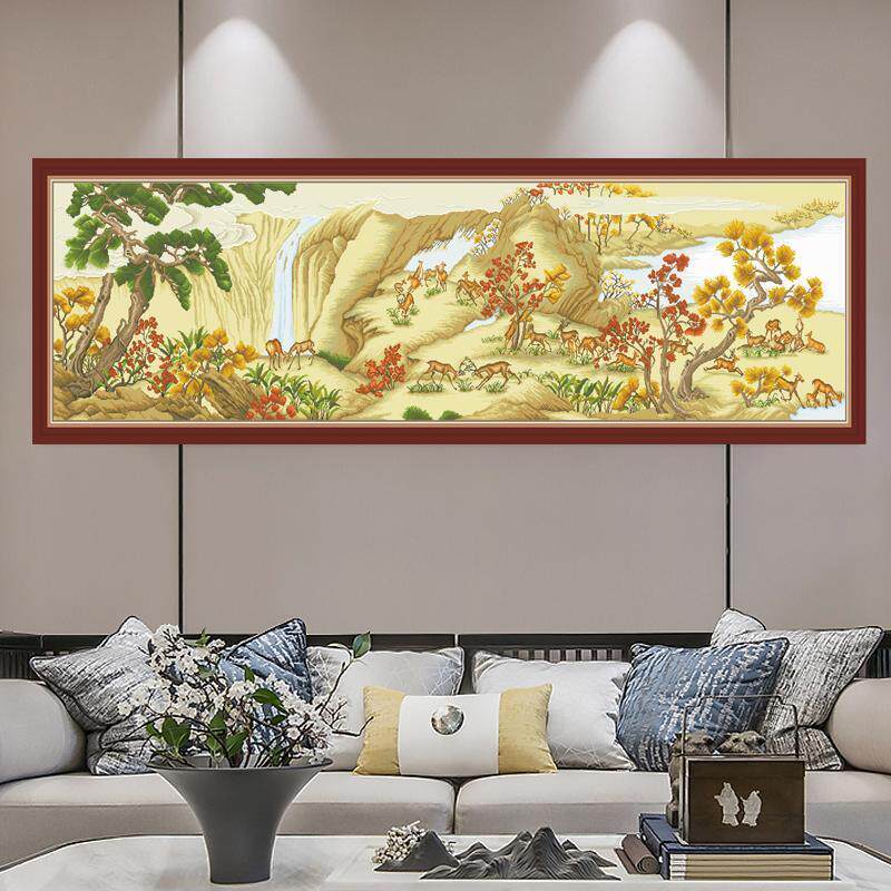 百鹿图十字绣2024新款线绣客厅大幅风景名画自己绣手工山水画收藏