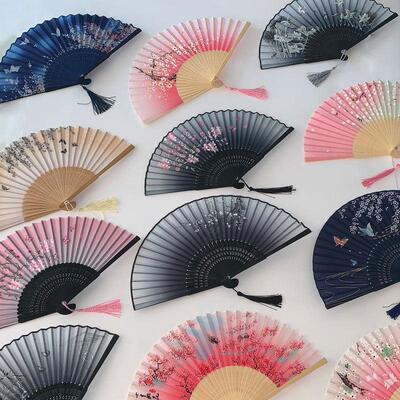 Vintage Silk Folding Fan Retro Chinese Japanese Bamboo Hand