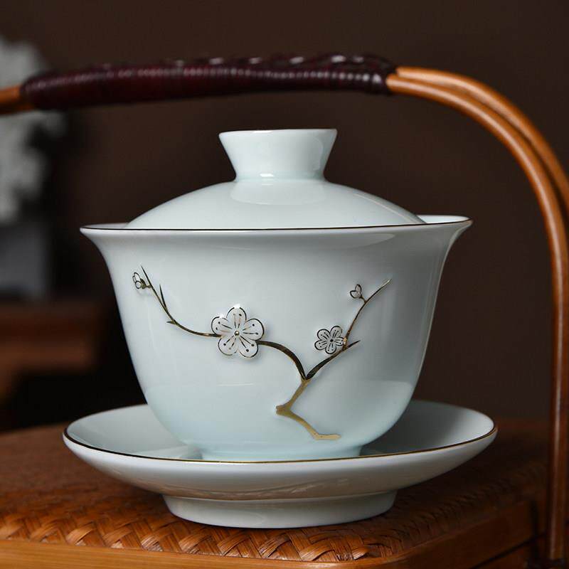 三才盖碗功夫茶具单个陶瓷中号泡茶杯带盖子家用办公描金泡茶碗茶