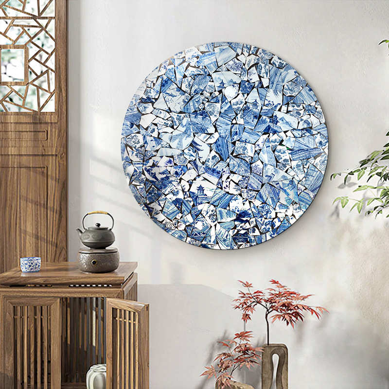 新中式圆形装饰画茶室挂画禅意艺术画立体实物画名宿壁画瓷片蓝色图片